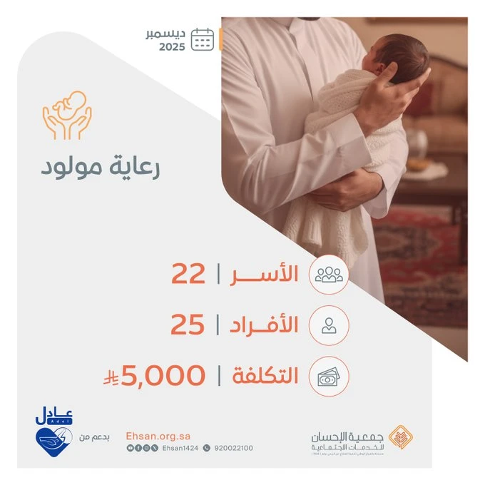 الجمعية ترعى 22 مولودًا من مواليد الأسر المكفولة خلال شهر ديسمبر 2025م